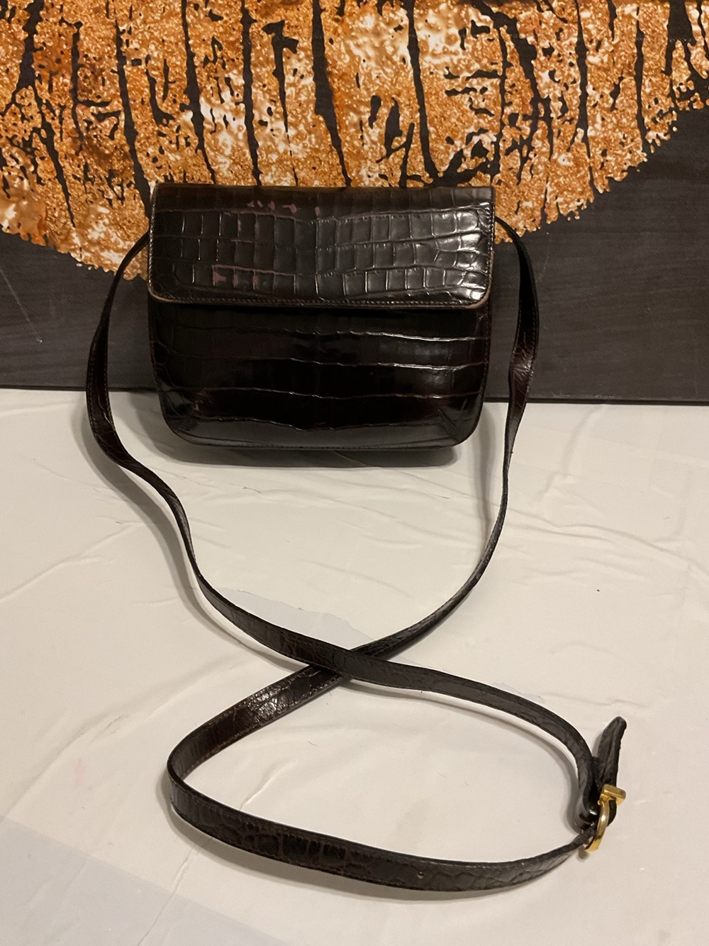 Salvatore Ferragamo Brown Croc Crossbody Bag